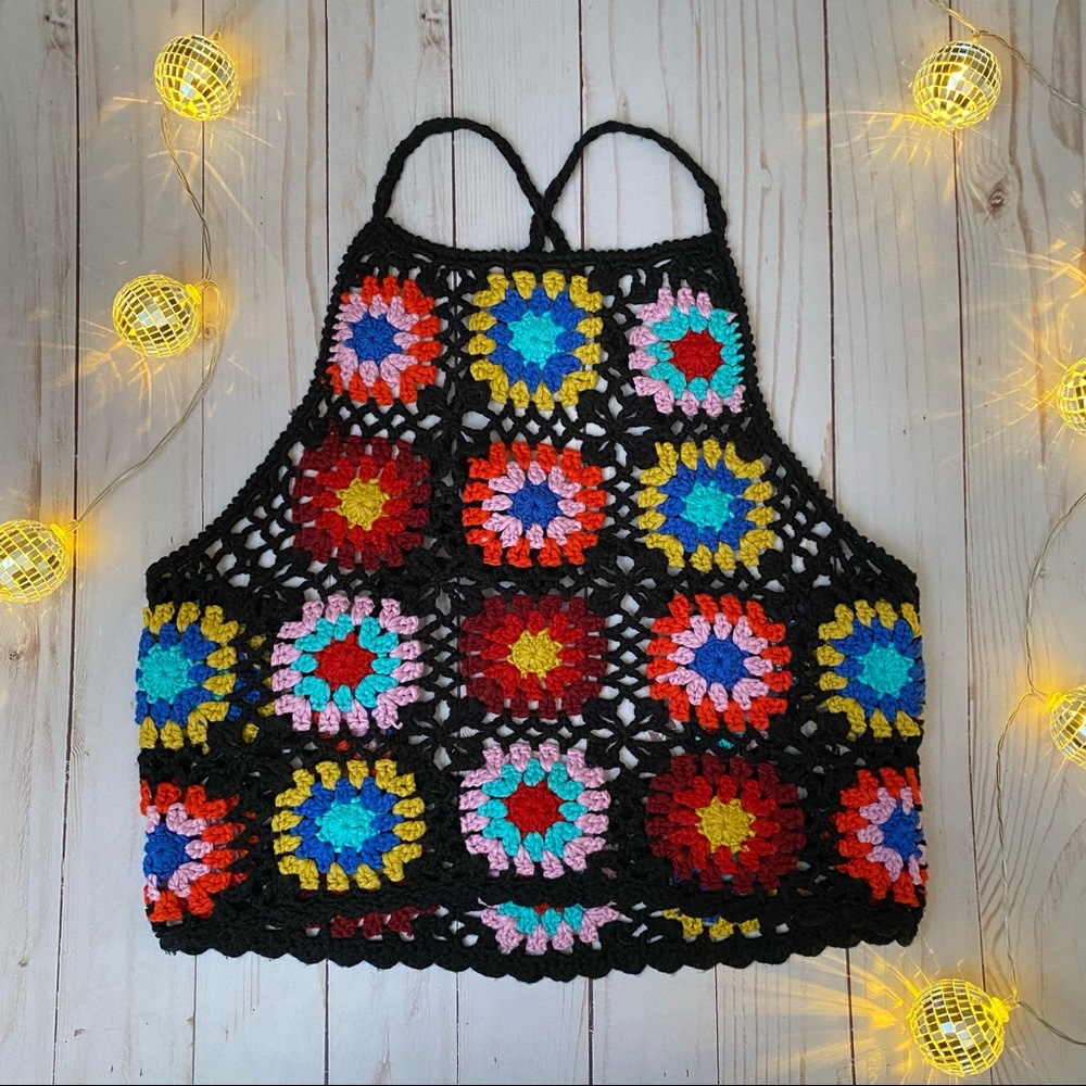 Forever 21 Black Crochet Crochet-Style Multicolor Square Crop Top